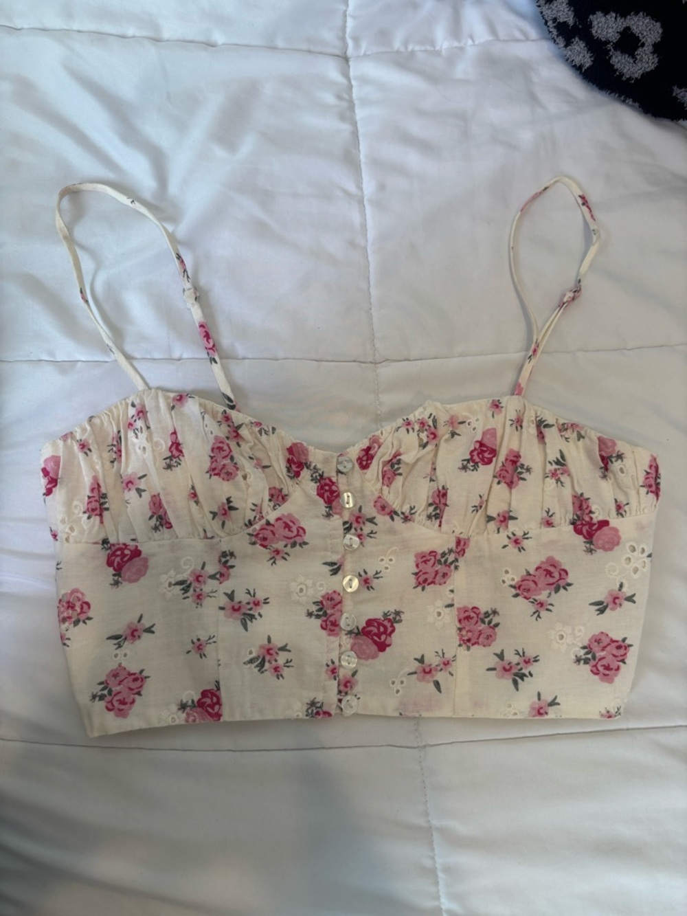 Zara Cream Smocked Crop Top with Pink Floral Print